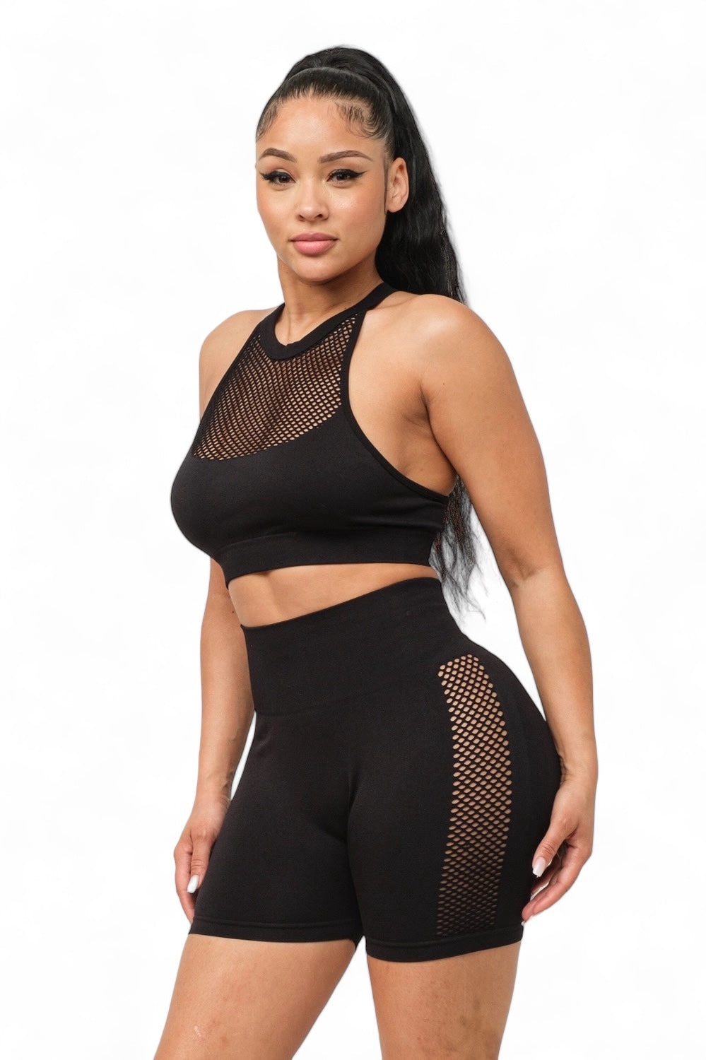 Front Fishnet Contrast Halter Top and Shorts Set