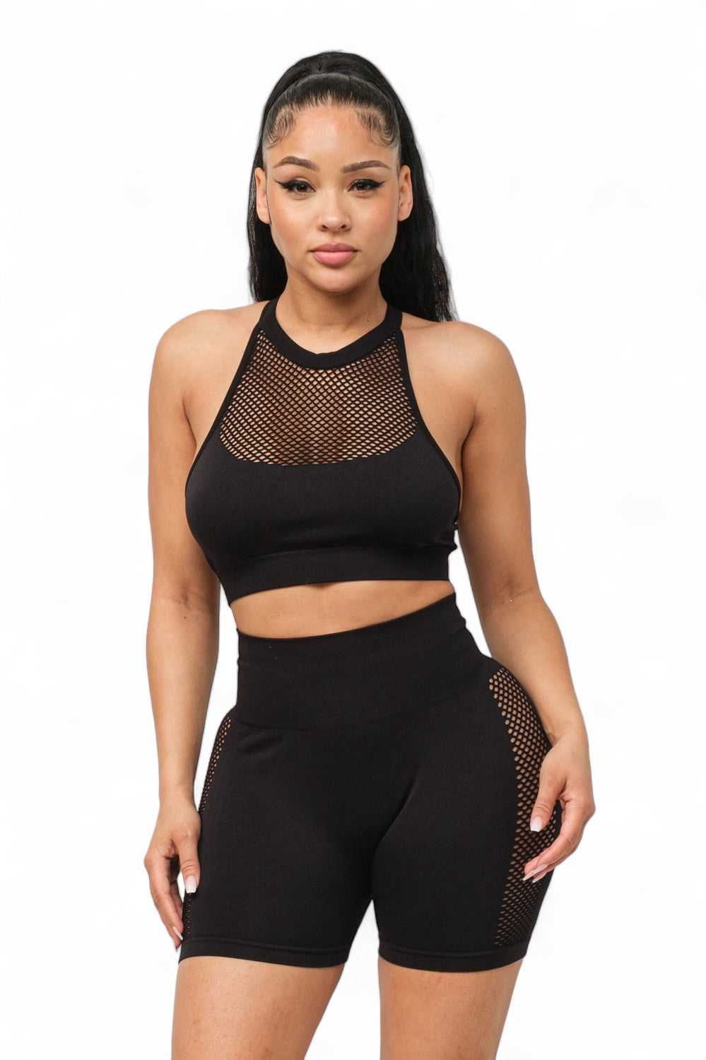 Front Fishnet Contrast Halter Top and Shorts Set