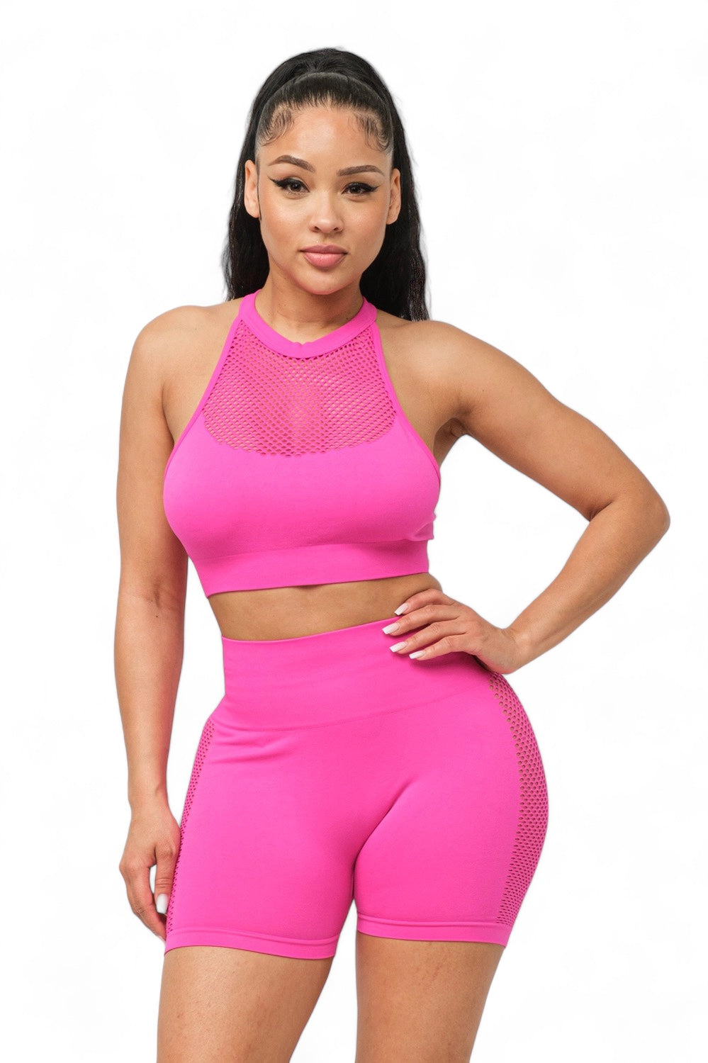Front Fishnet Contrast Halter Top and Shorts Set